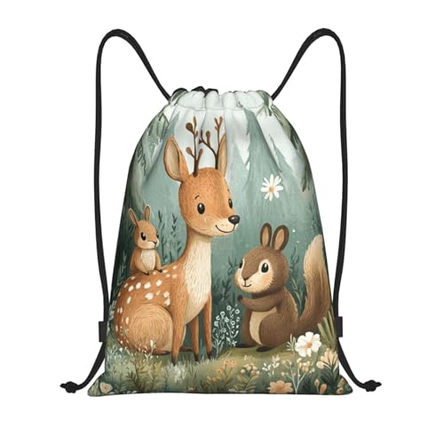 Drawstring Sports Backpacks - Lightweight Swim Gym Bags for Women Men String Sackpack for Beach Travel Yoga(Medium, Forest Animals Deer Rabbit) - color: Forest Animals Deer Rabbit, size: Medium
