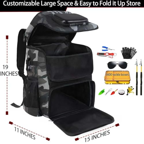 Fishing Backpack with Rod Holder, Large 50L Tackle Bag Water Resistant Tackle Backpack Heavy Duty Fishing Bag Gift for Men Woman - color: J: Gray