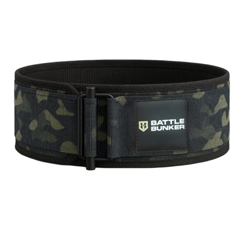 Battle Bunker Weight Lifting Belt - 4" Back Support Self-Locking Gym Belt | Adjustable lifting belt designed for Powerlifting, Squats, Deadlifts & Olympic lifting - optimal strength training support - color: Camo, size: X Large