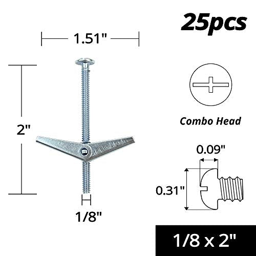 HASWARE Toggle Bolt Zinc Plated Steel and Wing Nut for Hanging Heavy Items on Drywall 1/8 x 2 (25 Pack) - size: 1/8 x 2" (25 Pack)