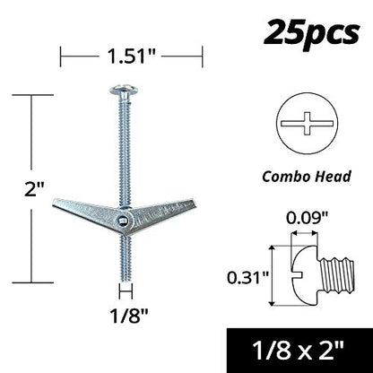 HASWARE Toggle Bolt Zinc Plated Steel and Wing Nut for Hanging Heavy Items on Drywall 1/8 x 2 (25 Pack) - size: 1/8 x 2" (25 Pack)