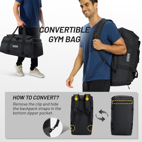 MIER Men's 60L Gym Duffle Bag Large Weekender Travel Duffel Backpack, Black | Spacious Shoe Compartment; Convertible Duffel with Back Pack Straps; Heavy-Duty & Water-Resistant; Traveling Overnight Gear - color: Black