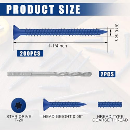 MorningRo 200 Qty 3/16" x 1-1/4" Star Head Concrete Screws Anchor with Drill Bits Blue Star Drive Bugle Head Screws for Anchor Masonry, Block, Brick, Cement, Stucco, Diamond Point and Wood Fastening - size: 3/16" X 1-1/4", style: Star Head