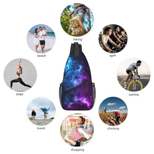 Galaxy Crossbody Sling Bags for Women Men Blue and Purple Galaxy with a Planet and a Moon Space Background Travel Sling Backpack Casual Shoulder Bag Universe Theme Gym Sports Hiking Daypack - color: Blue Purple