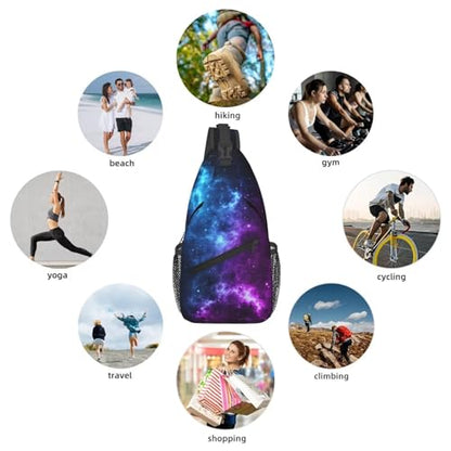 Galaxy Crossbody Sling Bags for Women Men Blue and Purple Galaxy with a Planet and a Moon Space Background Travel Sling Backpack Casual Shoulder Bag Universe Theme Gym Sports Hiking Daypack - color: Blue Purple