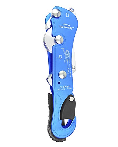 Self-Braking Stop Descender - CE Certified Rescue & Climbing Gear | Auto-Braking with Anti-Panic Function for Rescue, Cave Rappelling, Aerial Work, and Emergency Escape, Fits 9-12mm ropes - color: Blue Descender