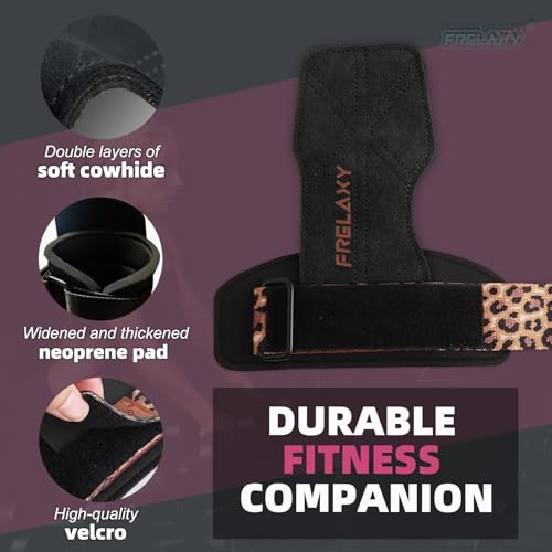 Frelaxy Lifting Wrist Straps for Women and Men, Weight Lifting Grips | Double-layer leather, Cushioned wrist support, Durable construction, Storage pouch, Deadlifts, rows, lat pulldowns - color: Black/Leopard