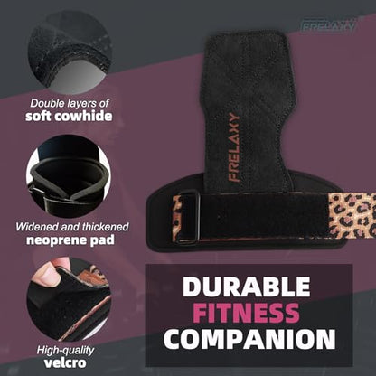 Frelaxy Lifting Wrist Straps for Women and Men, Weight Lifting Grips | Double-layer leather, Cushioned wrist support, Durable construction, Storage pouch, Deadlifts, rows, lat pulldowns - color: Black/Leopard