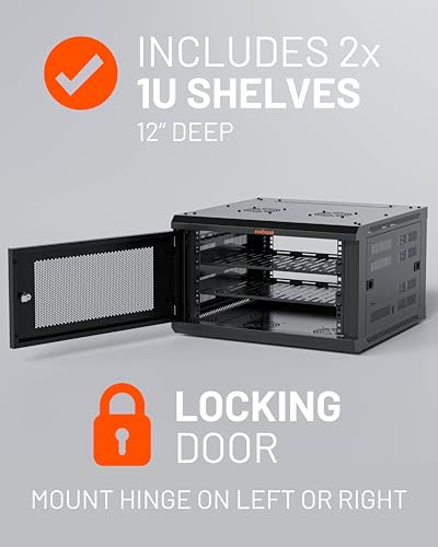 ECHOGEAR 6U Network Rack w/Enclosed Design, Easy Install, 600mm Depth | Enclosed server rack includes pre-mounted fan, 2x 1U shelves, lockable door, wall mountable design, all hardware for install - size: 4.5" x 4.5"