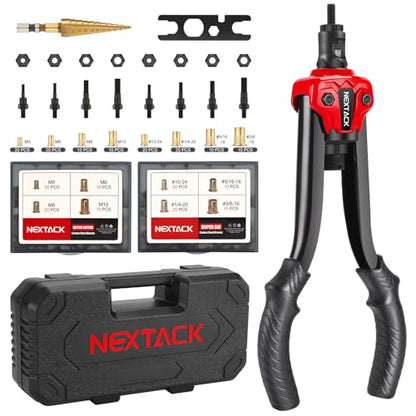 NEXTACK Rivet Nut Tool Kit with a Step Drill Bit, 120 Nutserts, Heavy Duty Rivnut Tool Set with 8 SAE & Metric Mandrels M5 M6 M8 M10 10-24 1/4-20 5/16-18 3/8-16, Organized Rugged Case (NT700) - size: 13-inch Rivnut Tool Kit/120 Nutserts