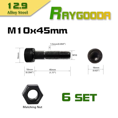 M10-1.5x45 Socket Head Cap Screw and Nut Kit 6set, Grade 12.9 Alloy Steel, Black Oxide Finish, Partially Thread, High Tensile Strength for Automotive, Machinery & Heavy Duty Use - size: M10x45mm(6 Sets）