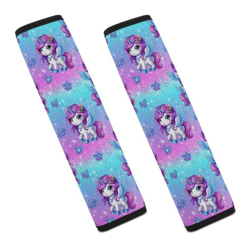2 Pack Universal Soft and Comfortable Car Seat Belt Pad for Girls and Boys, Stroller Pushchair High Chair, Cute Unicorns with Purple Hair Glitter Shoulder Protector - color: Pattern 706