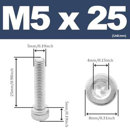 M5 x 25mm Hex Socket Head Cap Screws Bolts,6063 Aluminum Alloy Socket Head Cap Bolt Fasteners,Silver(10Pcs) - size: M5 x 25mm