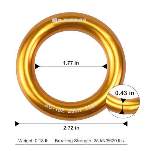 25kN Aluminum Rappel Ring, Perfect Tension O-Ring, Connection Ring for Rock Climbing, Arborist, Gold/Blue - color: big gold-2 pack