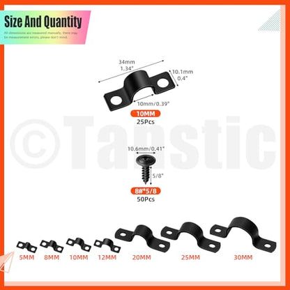 Tanstic 25Pcs Black Two Hole Pipe Strap, 3/8” Two Hole Strap U Bracket Rigid Pipe Strap Pipe Strap Clamp with Phillips Modified Truss Head Wood Screws for Fixing Pipe, Conduit, U Bracket - size: 3/8 Inch