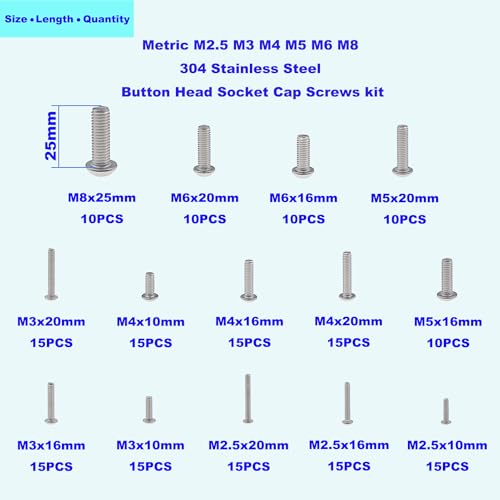 Metric M2.5-M8 304 Stainless Steel Button Head Socket Cap Screw Kit | 185PCS M2.5 M3 M4 M5 M6 M8 Hex Drive Rounded Head Bolts, ISO7380 Fully Threaded Fastener Set with Plastic Storage Box