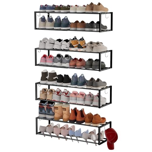 4 Pack Expandable Wall Mounted Shoe Rack, 17"-31" Adjustable Hanging Shoe Rack Holds 32 Pairs, Heavy Duty Metal Shoe Holder with 8 Storage Hooks, Space Saving for Entryway Closet Doorway（Black - color: Black, size: 4PACK