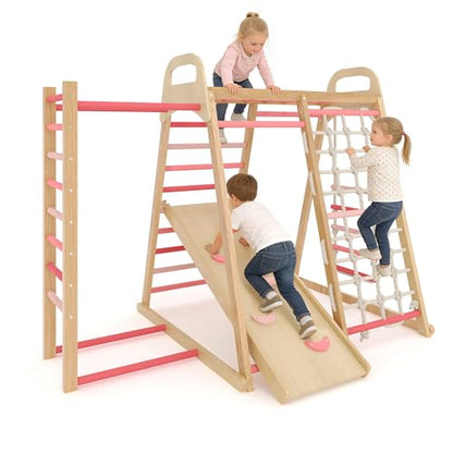 7-in-1 Wooden Jungle Gym, Indoor Kids Climbing Playset for Toddlers - color: Rainbow