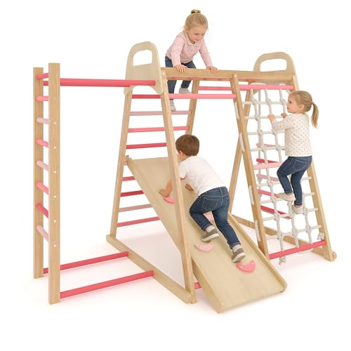 7-in-1 Wooden Jungle Gym, Indoor Kids Climbing Playset for Toddlers - color: Rainbow