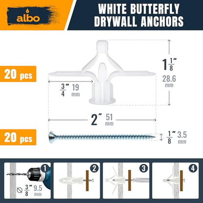 ALBO Drywall Anchor Kit with Screws - 120 Pcs Hollow Wall Set (Grey Butterfly, White Butterfly, Self Drilling, Screws) - Plastic Anchors for Drilling Hollow Walls - color: Kit 3in1