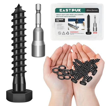 EASTPUK (10Sets) 3/8" x 2" Hex Head Lag Screws & 50PCS 3/8-16 T-Nuts Zinc Plated Steel Nutserts, 4-Pronged Tee Nut for Wood, Heavy Duty Lag Bolts with Washers, Rock Climbing Holds 3/8-16 T Nuts
