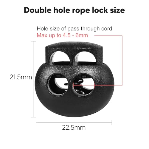 30 Pcs Black Plastic Spring Cord Lock Toggle Stopper, Double Hole Drawstring Cord Lock Fastener for Hoodies, Paracord, Shoelaces, Elastic Ropes and Bags