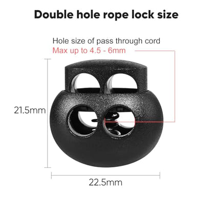 30 Pcs Black Plastic Spring Cord Lock Toggle Stopper, Double Hole Drawstring Cord Lock Fastener for Hoodies, Paracord, Shoelaces, Elastic Ropes and Bags