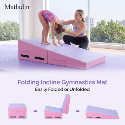 Matladin Folding Gymnastics Cheese Wedge Incline Mat, Gym Fitness Tumbling Skill Shape Mat for Kids Girls Home Training Exercise - color: Light Pink + Light Purple
