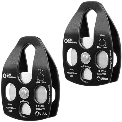GM CLIMBING Large Rescue Pulley 32kN Single Sheave with Swing Plate CE UIAA Certified - color: Black | 2 Pack
