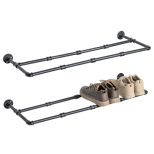 MyGift Industrial Matte Black Metal Pipe Hanging Shoe and Boot Rack Organizer Shelf, Wall Mounted Space Saving Footwear Storage Shelves for Closet, Mudroom, Entryway, Set of 2, Holds 8 Pairs - size: 35 Inch