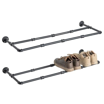 MyGift Industrial Matte Black Metal Pipe Hanging Shoe and Boot Rack Organizer Shelf, Wall Mounted Space Saving Footwear Storage Shelves for Closet, Mudroom, Entryway, Set of 2, Holds 8 Pairs - size: 35 Inch