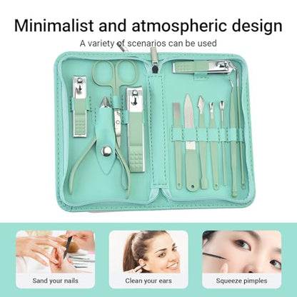 12 in 1 Travel Manicure Set, Mens Grooming kit Women Nail Manicure Kit, Manicure Pedicure Kit Manicure Set Professional Gift for Family Friends Elder - color: Green