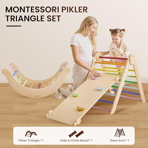 Belleur Pikler Triangle Set, 7-in-1 Foldable Climbing Toys for Toddlers 1-6 Years Old, Wooden Montessori Climbing Set with Arch, Ramp & Ladder, Baby Indoor Climber Jungle Gyms - Rainbow - color: Rainbow