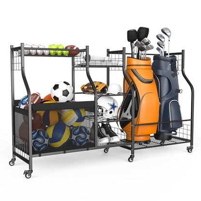 WALMANN Golf Bag Storage Rack with Wheels, Rolling Sports Equipment Organizer, Large Capacity Garage Storage Cart for Balls, Golf Bags - style: Rolling Stand for 2 Bags