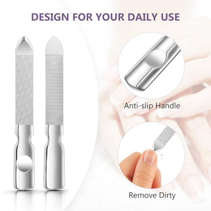 2 Pcs Metal Nail Files: Stainless Steel Fingernail with Anti-Slip Handle and Leather Case Double Sided - Reusable Nail File for Men and Women