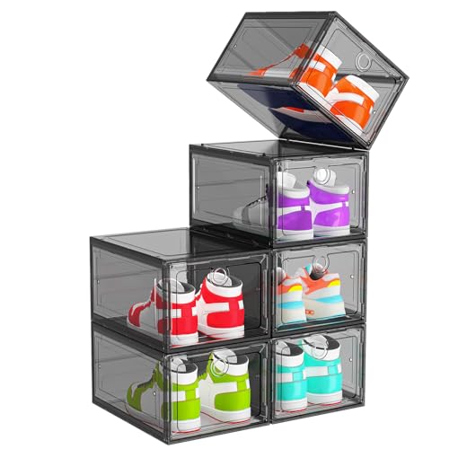 ARSTPEOE 6-Pack Black Shoe Storage Boxes Magnetic Stackable | Upgraded Harder Material, Stackable Space-saving, Fits Sneakers & Boots, Clear Magnetic Front Door - color: Black, size: Upgrade 6 Pack