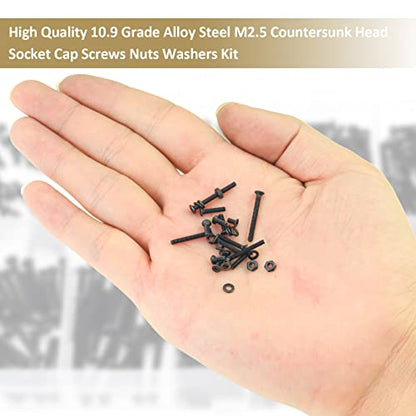 562 Pieces Black M2.5 x 4/6 /8/10 /12/16 /20mm Countersunk Head Socket Cap Screws Nuts Washers Assortment Kit, 10.9 Grade Alloy Steel - size: M2.5, style: Countersunk Head