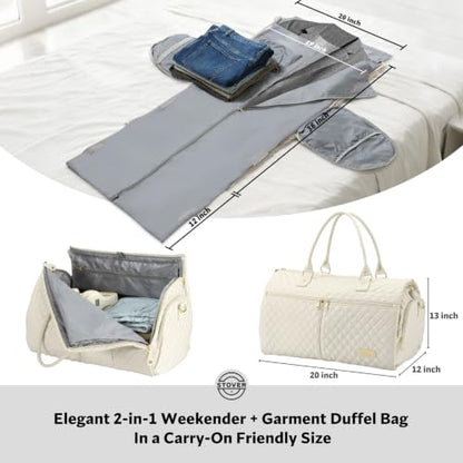STOVER Women’s Convertible Garment Duffel Bag for Travel – 2-in-1 Carry-On Weekender/Overnight Tote - Wrinkle-Free Dresses, Suits & Clothes + Shoe Compartment & Bonus Toiletry Bag (Cashmere Cream) - color: Cashmere Cream
