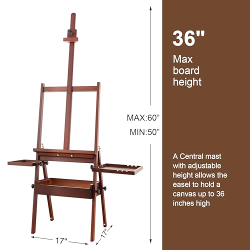 Wooden H-Frame Studio Easel with Storage Drawer and Palettes, Walnut | Solid Beechwood Painting Easel for Students, Beginners, and Artists, Hold Canvas to 36Inches High - style: Side Trays Walnut