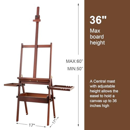 Wooden H-Frame Studio Easel with Storage Drawer and Palettes, Walnut | Solid Beechwood Painting Easel for Students, Beginners, and Artists, Hold Canvas to 36Inches High - style: Side Trays Walnut