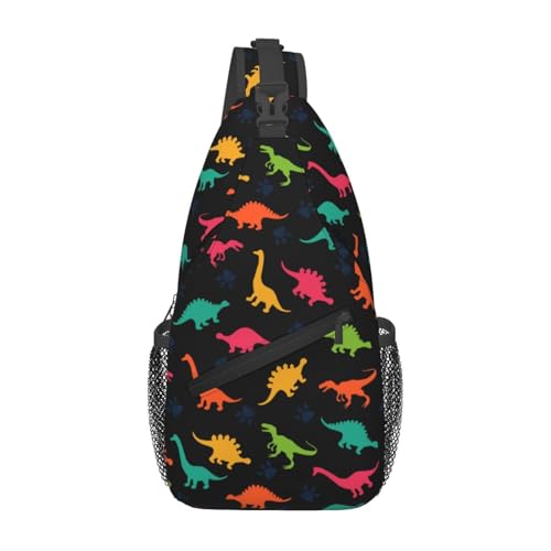 Cartoon Dinosaur Crossbody Sling Bags for Women Men Colorful Dinosaur Silhouettes Childish Pattern Travel Sling Backpack Casual Shoulder Bag Cute Animal Print Gym Sports Hiking Daypack - color: Green Yellow Red