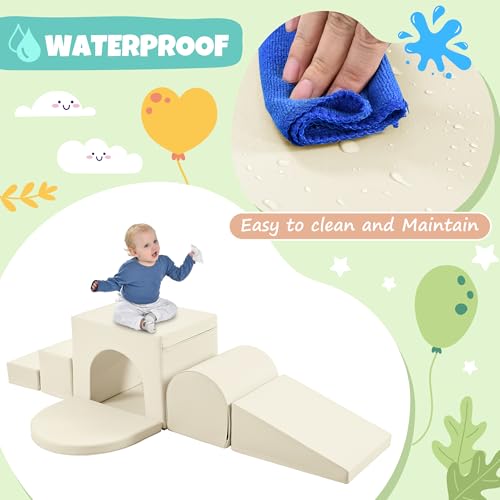 Merax Indoor Soft Foam Tunnel Climber, Toddler Climbing Toys with Tunnel, Steps and Ramp, Soft Climb and Crawl Playset Baby Soft Foam Blocks, 7-piece - color: Pastel Cream