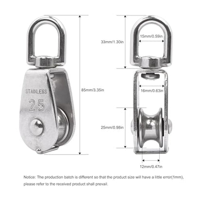 2Pcs M25 Single Pulley Block 304 Stainless Steel Swivel Cable Pulleys Wheel for Lifting/Hanging Pulley System, Heavy Duty Rope Single Wheel Kit, Max-Load 150kg/330lbs