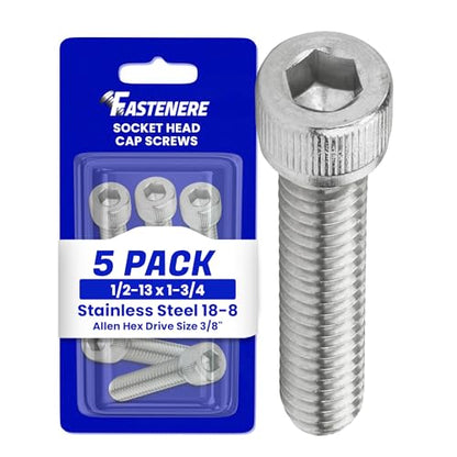 1/2-13 x 1-3/4 Socket Head Cap Screws, Full Thread, Allen Socket Drive, Stainless Steel 18-8, Bright Finish, Quantity 5 Pieces by Fastenere - size: 1/2-13 x 1-3/4 (5 Pack)