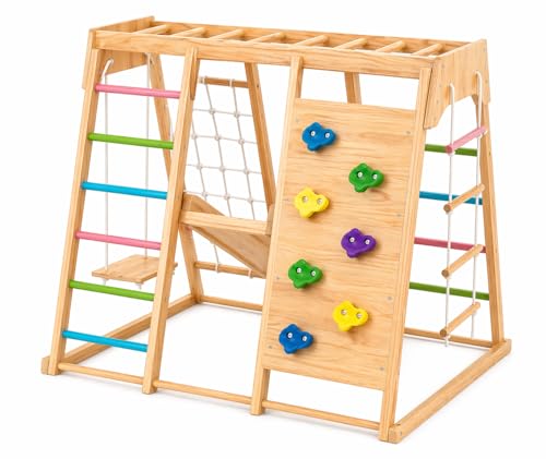 Avenlur Premium Wooden Indoor Climbing Gym for Kids – Montessori Playset with Climbing Wall, Ladder, Rope Net & Swing – Solid Natural Wood Toddler Playground, Ages 1–6 - color: Colored Bars, size: Medium (51.6" x 43" x 47.2")