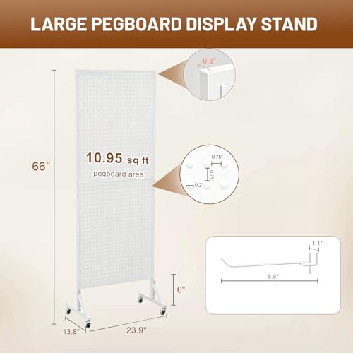 2 x 5.5 FT Metal Pegboard Display Stand with Wheel & Leveling Feet | Peg Board Panels Display Rack with 30 Hooks for Retail Store, Craft Show, Garage, Jewelry Organizer, White - color: White