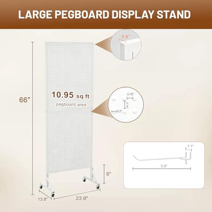 2 x 5.5 FT Metal Pegboard Display Stand with Wheel & Leveling Feet | Peg Board Panels Display Rack with 30 Hooks for Retail Store, Craft Show, Garage, Jewelry Organizer, White - color: White