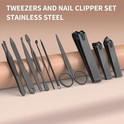 ZIZZON Travel Mini Manicure Set Nail Clipper Set 10 in 1 Stainless Steel Pedicure Care Grooming kit with Case (Black/Pink)