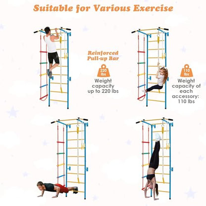 HONEY JOY Climbing Toys for Toddlers, Upgrade Metal Indoor Kids Gym for Solid Wall, Playground and Climbing Exercise Set with Rope Ladder, Pull-up Bar, Monkey Bars, Gymnastic Rings (5 in 1) - size: 5 In 1