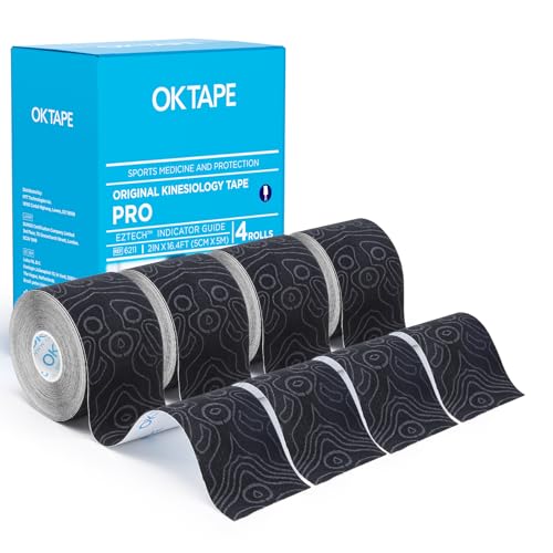 OK TAPE PRO Kinesiology Tape Uncut Roll Bulk, Elastic Physical Therapy Tape | 2 Inch Athletic Tape for Pain Relief, Muscle Support, Kinetic Tape, Water Resistant, 16.4Feet -Black 4 Rolls - color: Black a, size: 4 pack